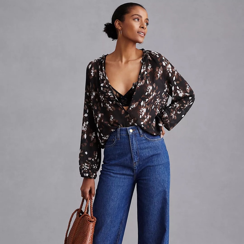 CLOTH & STONE 100% Rayon Moody Floral Ruffle Long Sleeve Blouse | L | Dark Bohem